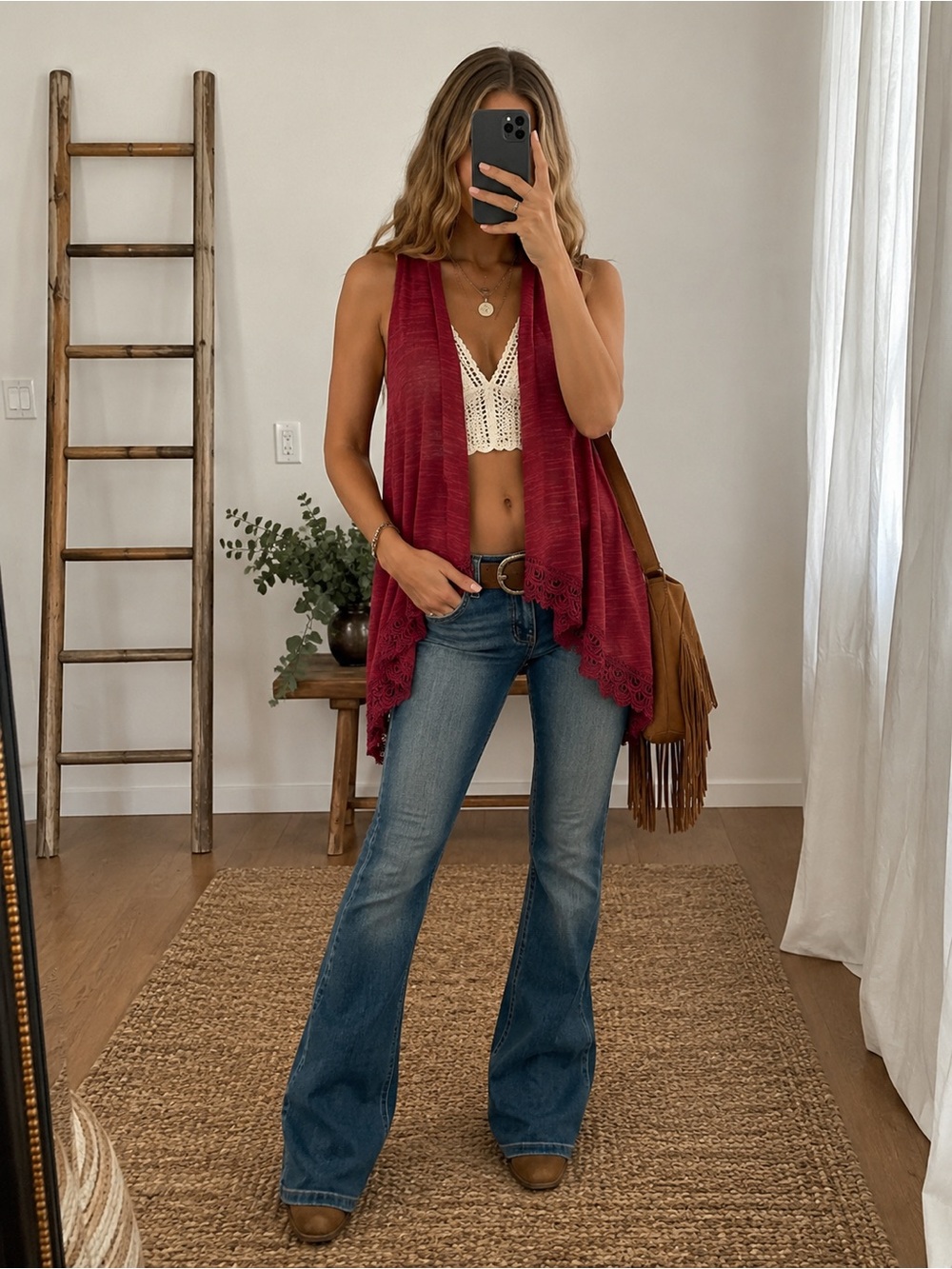 Self Esteem Burgundy Knit Vest with Blue Flared Jeans